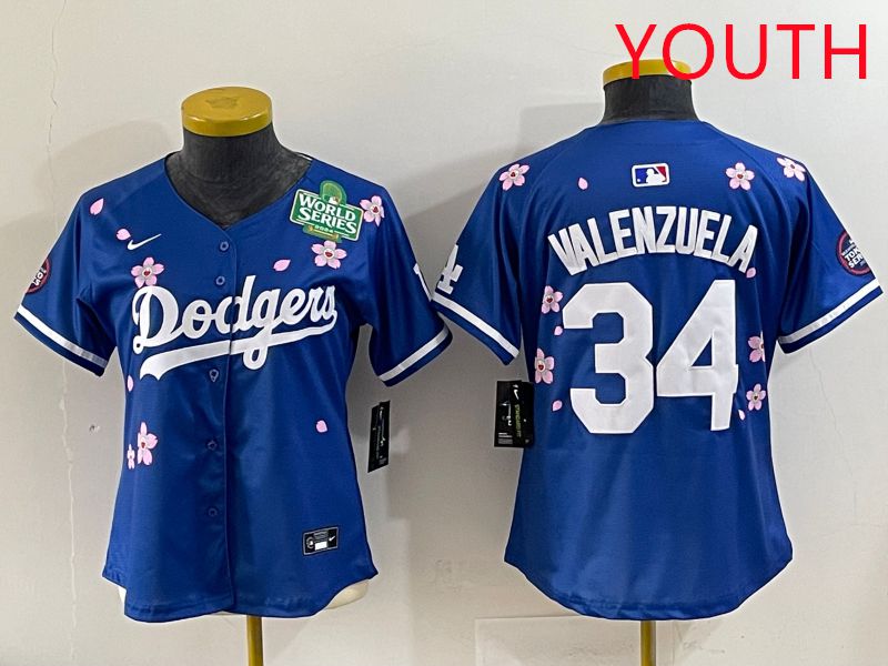 Youth Los Angeles Dodgers 34 Valenzuela Blue Sakura Edition 2025 Nike MLB Jersey style 37